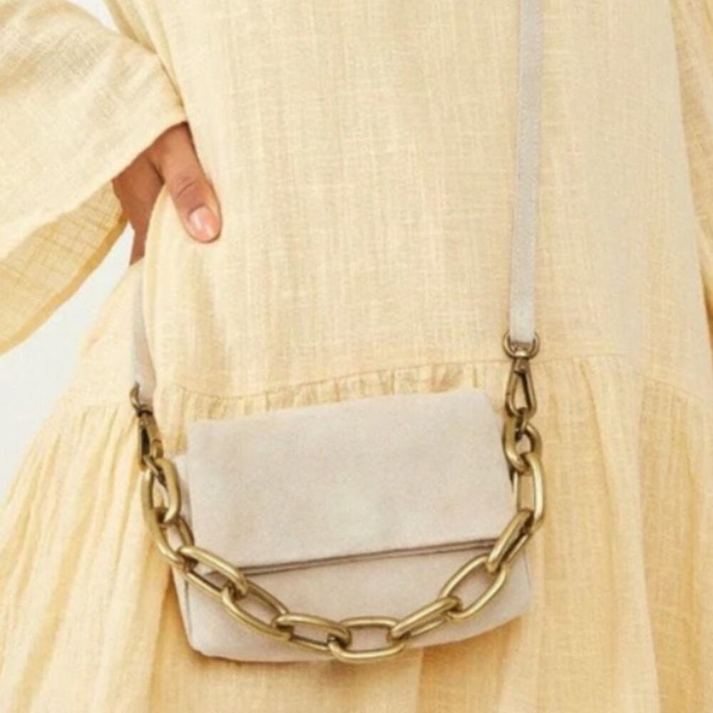 Free People Charlie Chain Crossbody in taupe suede leather
